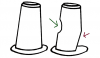 Figure 9: Diagram shows a non-undercut abutment (left), and an abutment (right) that was inadvertently prepared with a divot on its surface (green arrow) and also with an undercut axial slant of the abutment surface (red arrow); temporary material can lock into these undercuts.